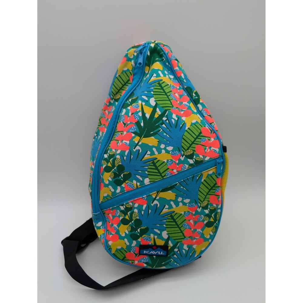 KAVU Rope Bag Tropical Leaf Print Canvas Sling Backpack Teal Multi Color